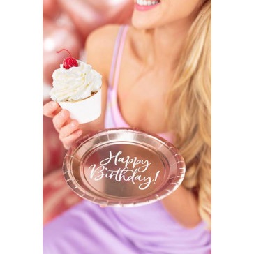 Set 6 farfurii de unica folosinta roz auriu Happy Birthday 18 cm