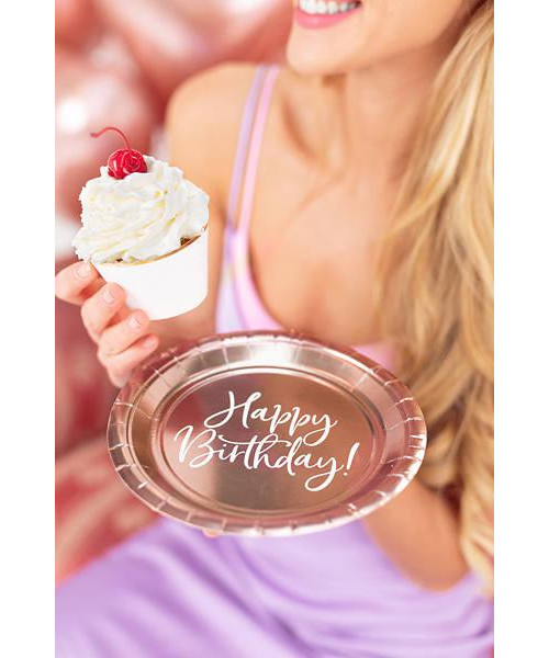 Set 6 farfurii de unica folosinta roz auriu Happy Birthday 18 cm