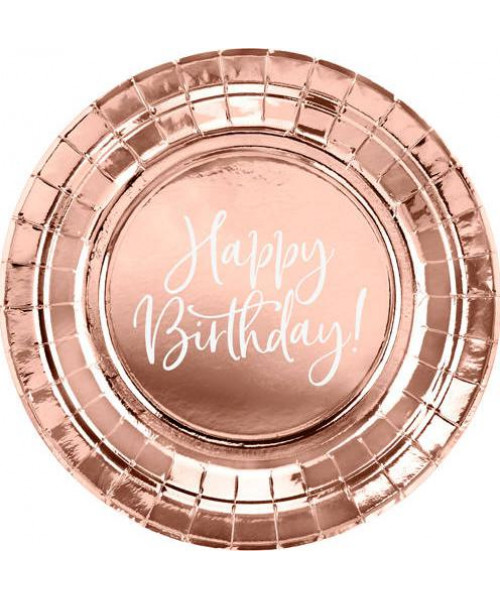 Set 6 farfurii de unica folosinta roz auriu Happy Birthday 18 cm