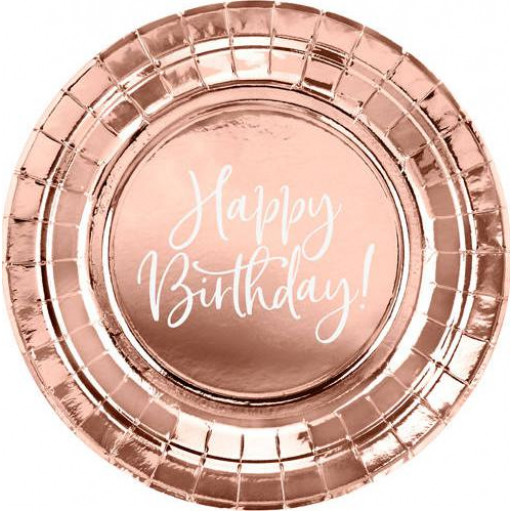 Set 6 farfurii de unica folosinta roz auriu Happy Birthday 18 cm