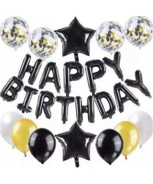 Set baloane Happy Birthday negru si auriu